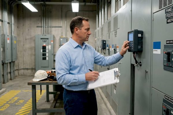 Facility manager checks power meter in electrical room