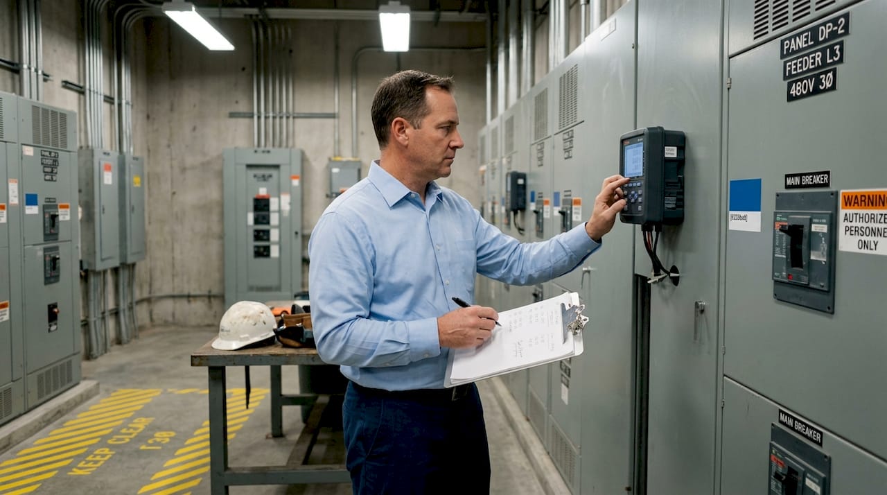 Facility manager checks power meter in electrical room