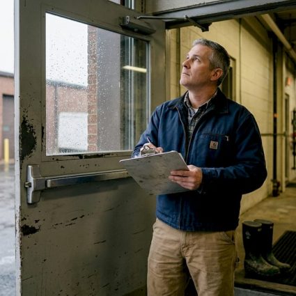 Manager checking lightning rods outside facility