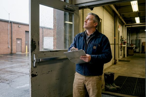 Manager checking lightning rods outside facility