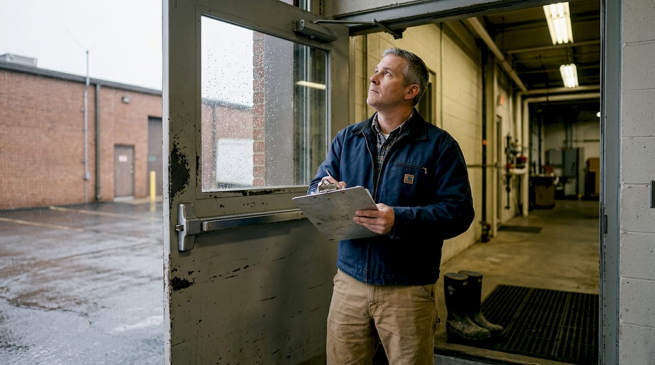Manager checking lightning rods outside facility