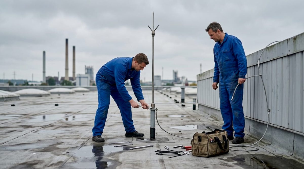 Des techniciens vérifient le système de protection contre la foudre sur le toit de l’usine.