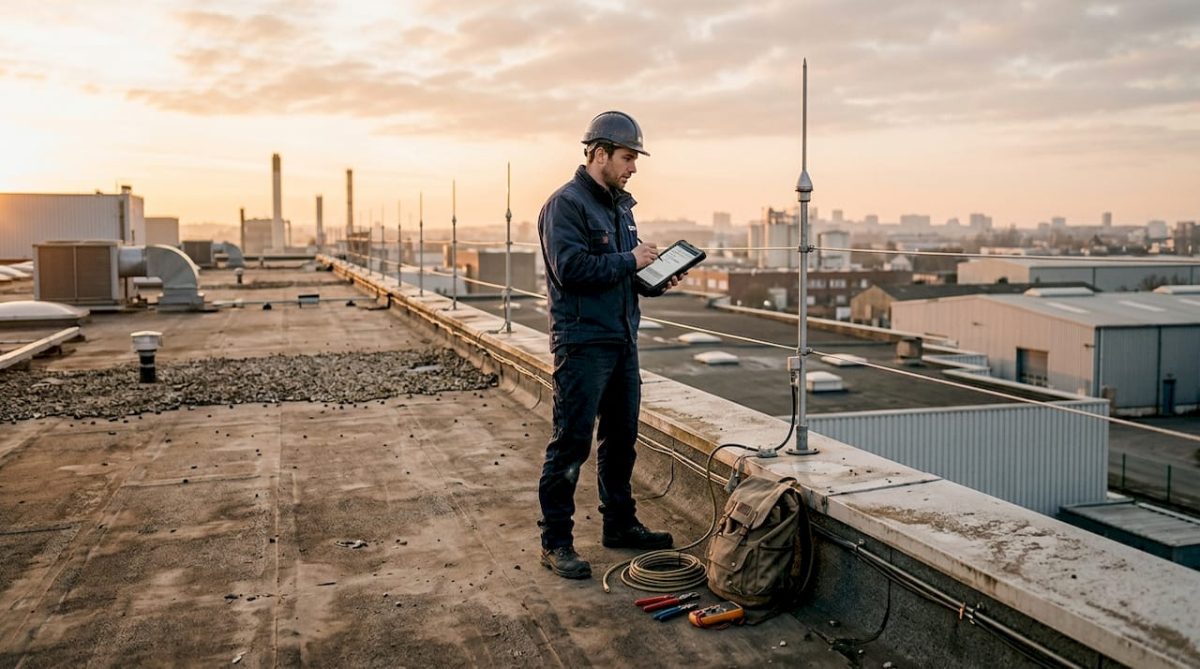 Un technicien réalise une vérification du système de protection contre la foudre sur le toit.
