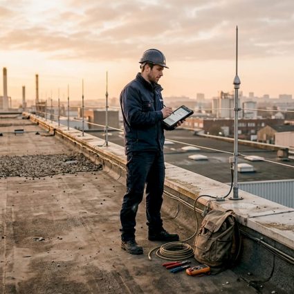 Un technicien réalise une vérification du système de protection contre la foudre sur le toit.