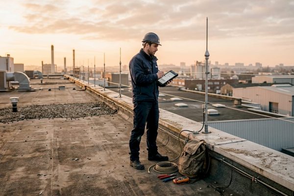 Un technicien réalise une vérification du système de protection contre la foudre sur le toit.