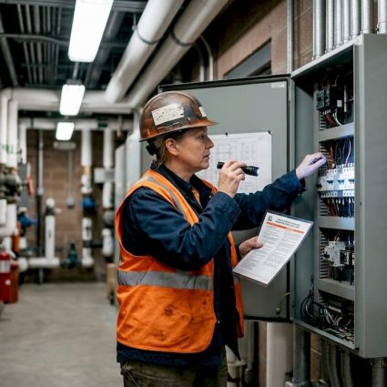 Engineer inspecting electrical panel for safety compliance