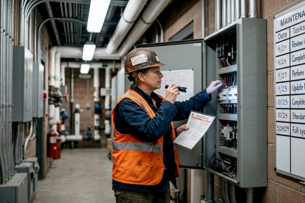 Engineer inspecting electrical panel for safety compliance