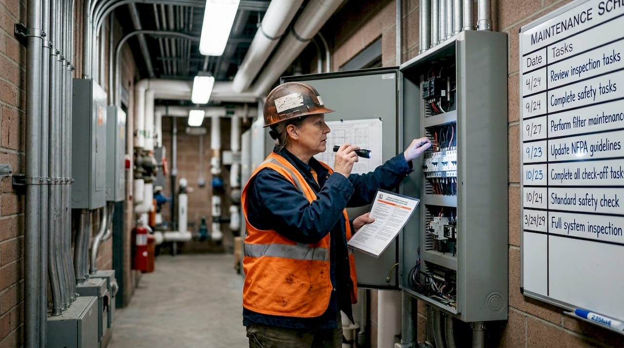 Engineer inspecting electrical panel for safety compliance