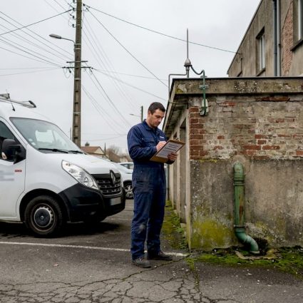 Un technicien effectue une vérification du paratonnerre sur le toit d’un bâtiment industriel.