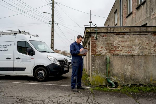Un technicien effectue une vérification du paratonnerre sur le toit d’un bâtiment industriel.