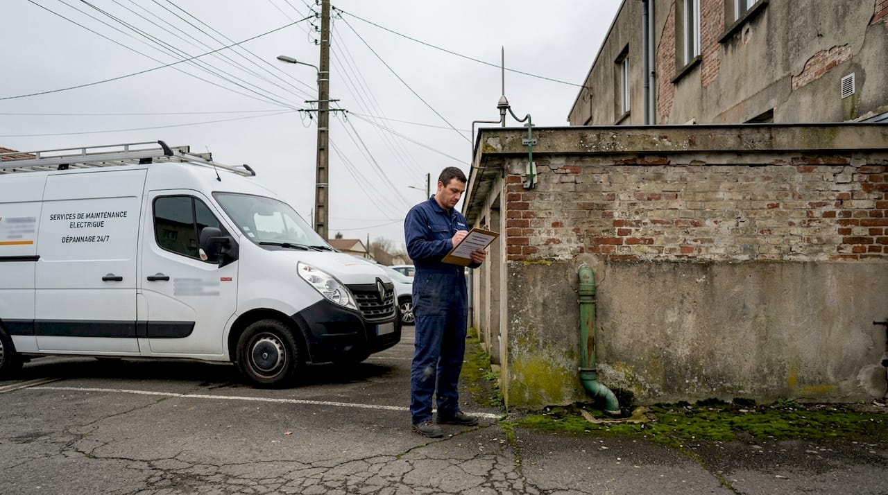 Un technicien effectue une vérification du paratonnerre sur le toit d’un bâtiment industriel.