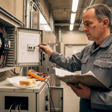 Un ingénieur procède à la vérification d’un tableau électrique industriel.