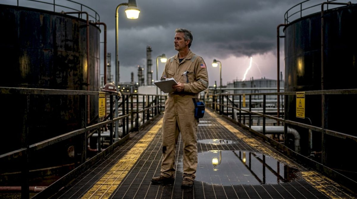 Refinery engineer monitors lightning storm risk