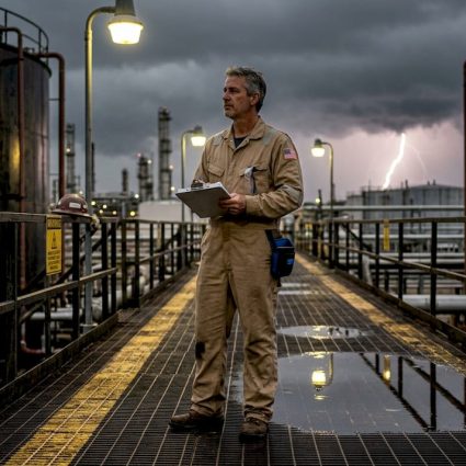 Refinery engineer monitors lightning storm risk