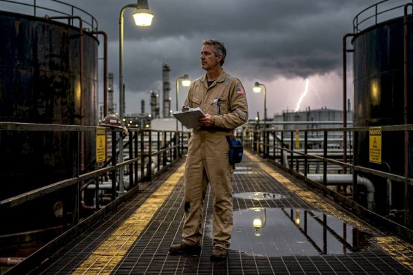 Refinery engineer monitors lightning storm risk