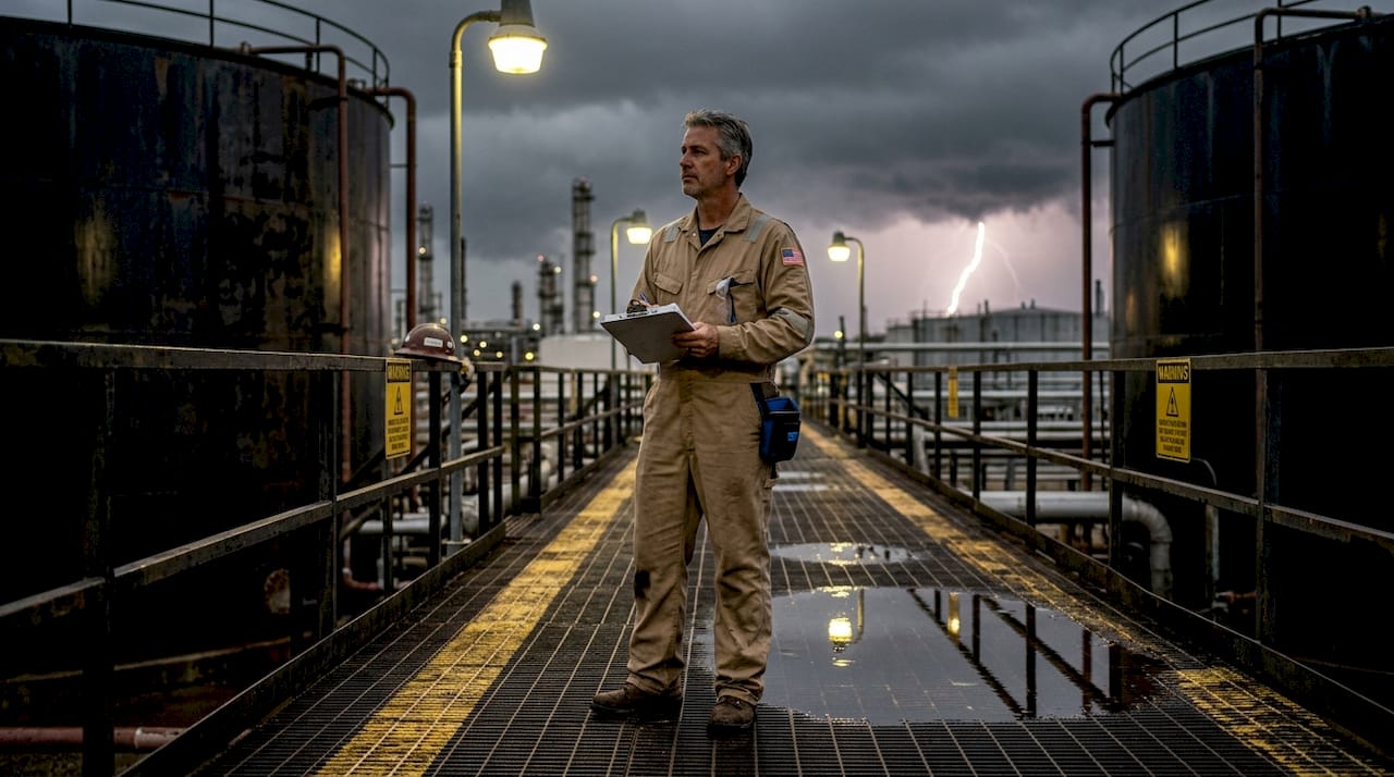 Refinery engineer monitors lightning storm risk
