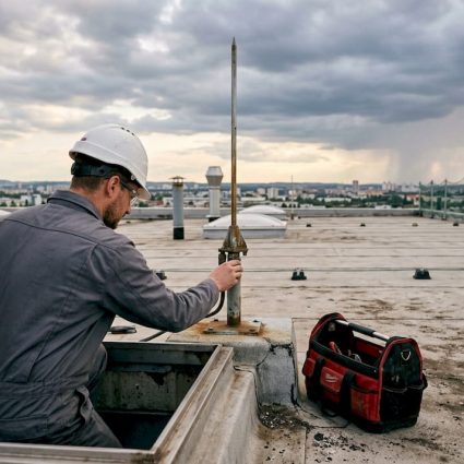 Contrôle d’un paratonnerre sur le toit d’un bâtiment industriel par un technicien