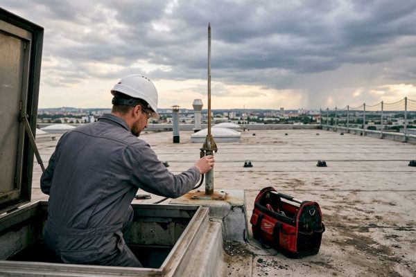 Contrôle d’un paratonnerre sur le toit d’un bâtiment industriel par un technicien