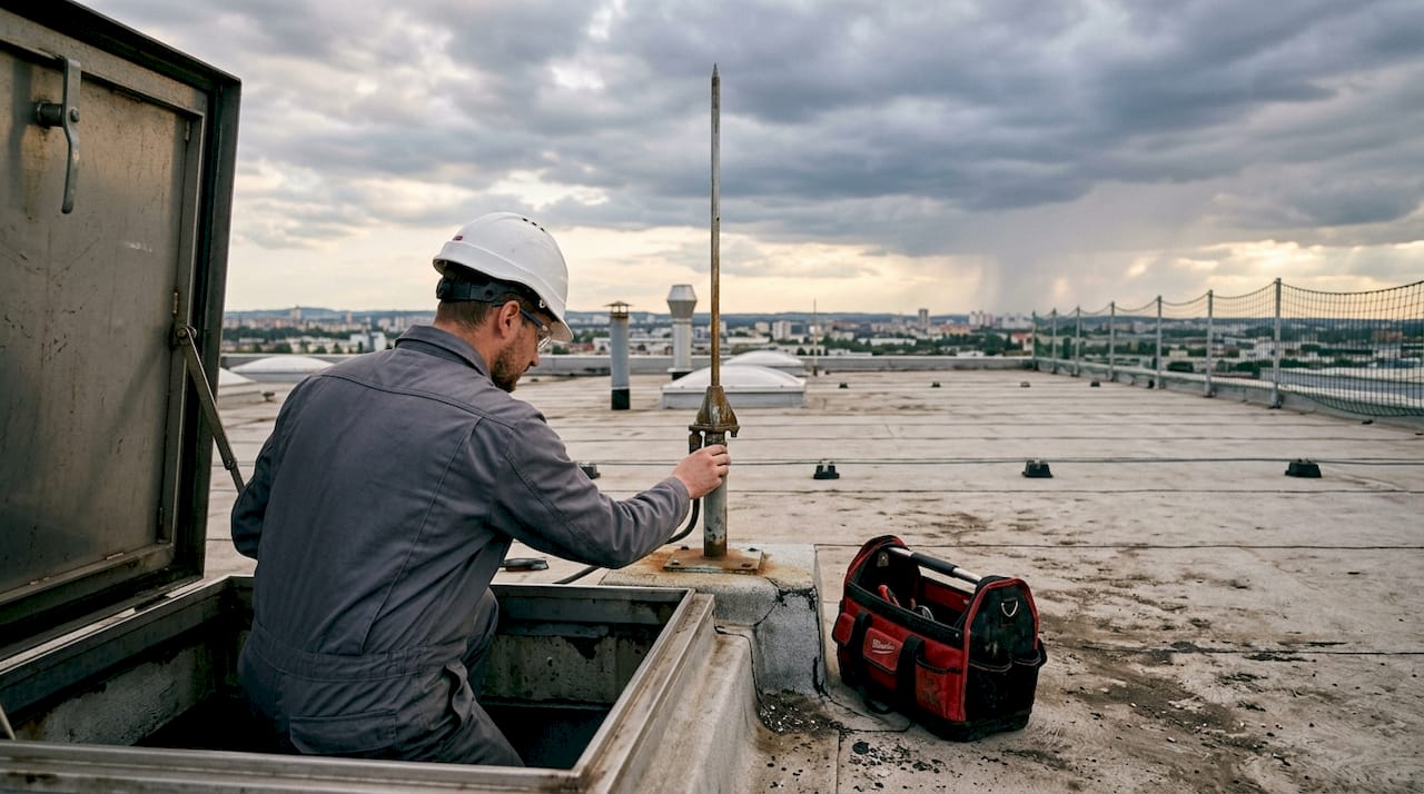Contrôle d’un paratonnerre sur le toit d’un bâtiment industriel par un technicien
