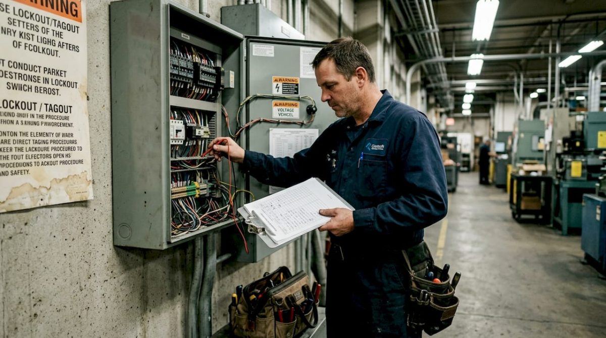 Electrician inspecting factory electrical panel