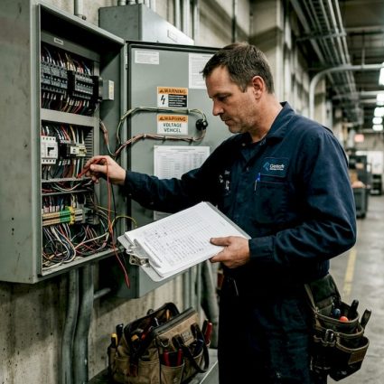 Electrician inspecting factory electrical panel