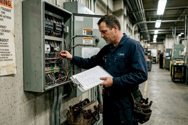 Electrician inspecting factory electrical panel