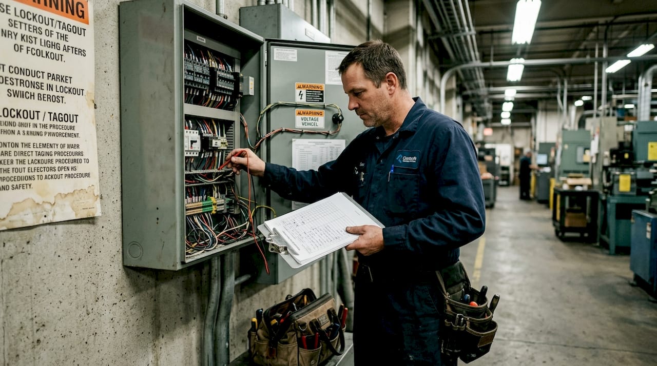 Electrician inspecting factory electrical panel