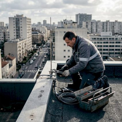 Un technicien installe un paratonnerre sur le toit d’un immeuble en ville.