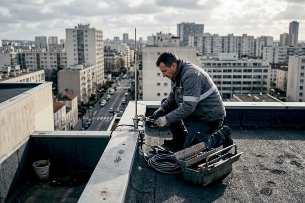 Un technicien installe un paratonnerre sur le toit d’un immeuble en ville.