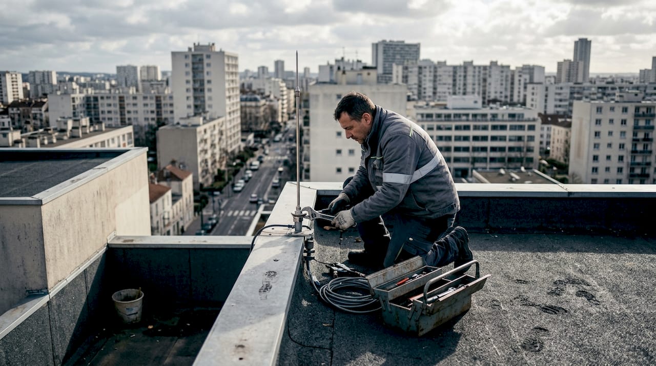 Un technicien installe un paratonnerre sur le toit d’un immeuble en ville.