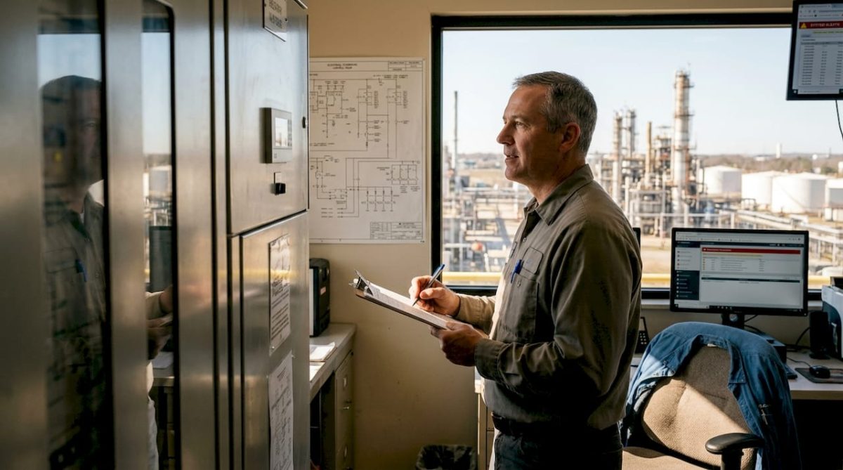 Facility manager reviews risk near control room window