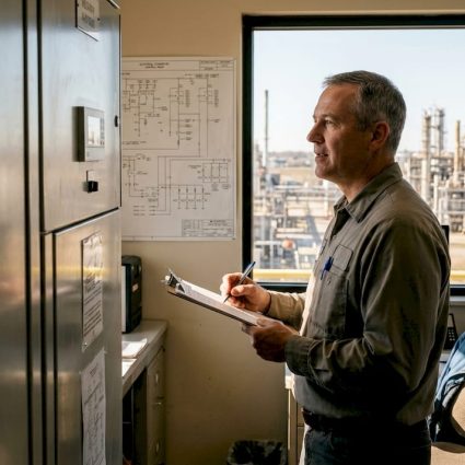 Facility manager reviews risk near control room window
