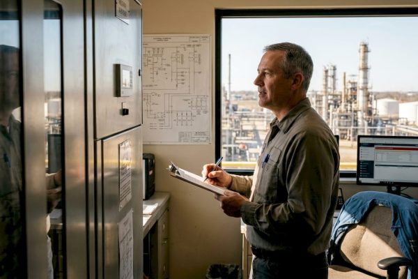 Facility manager reviews risk near control room window