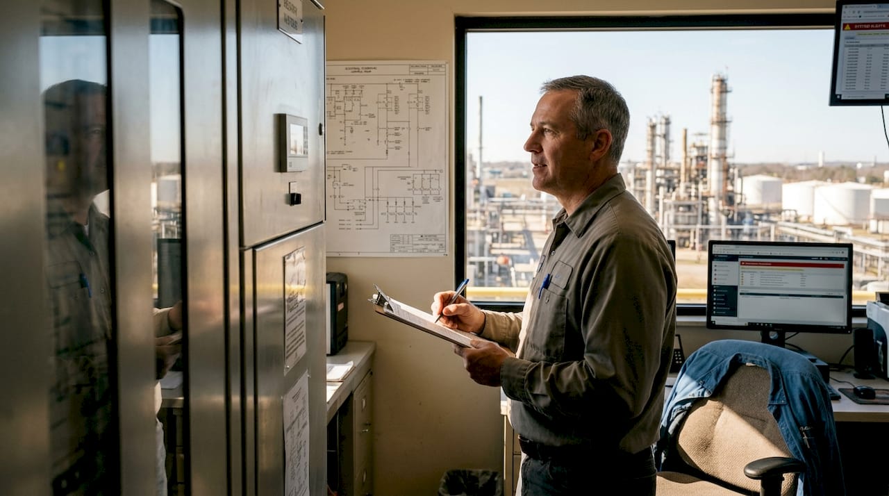 Facility manager reviews risk near control room window