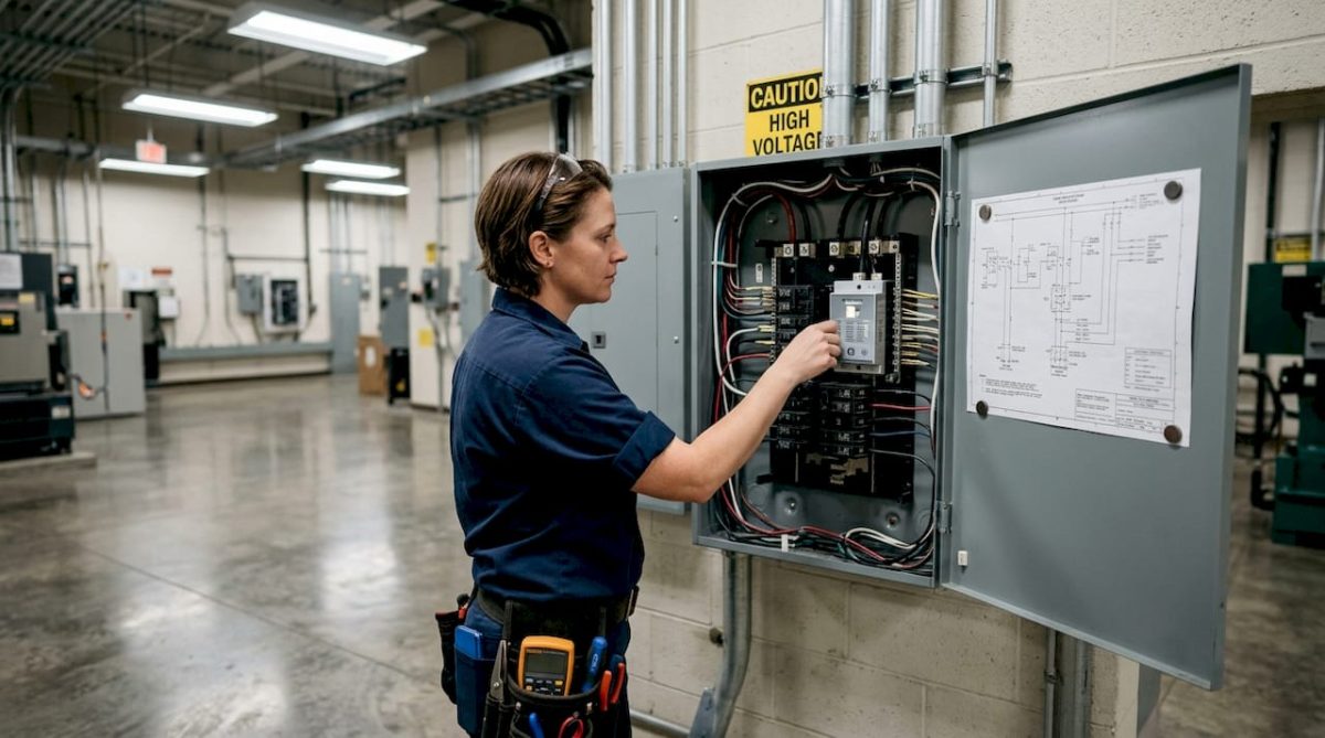 Electrician inspecting surge protection installation
