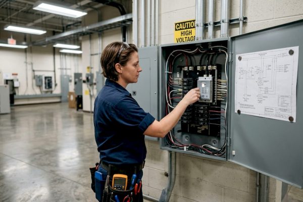 Electrician inspecting surge protection installation