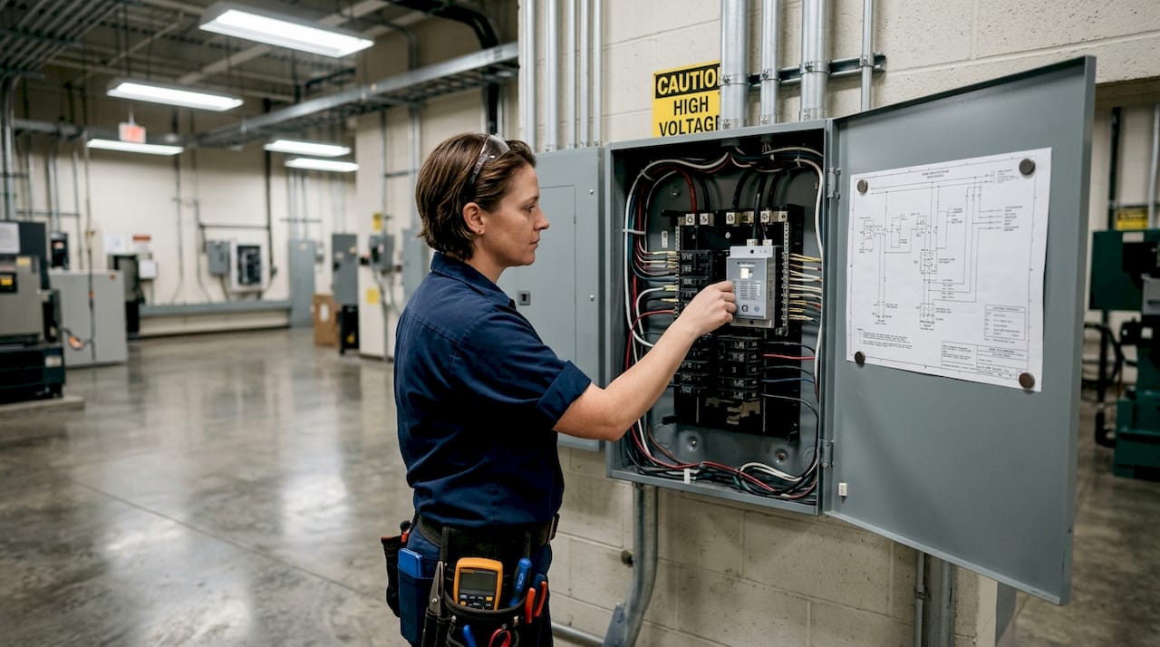 Electrician inspecting surge protection installation