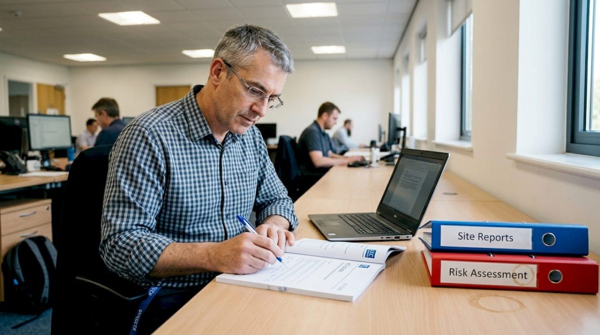 Engineer reviewing lightning standards at desk