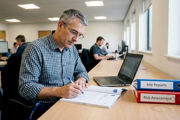 Engineer reviewing lightning standards at desk