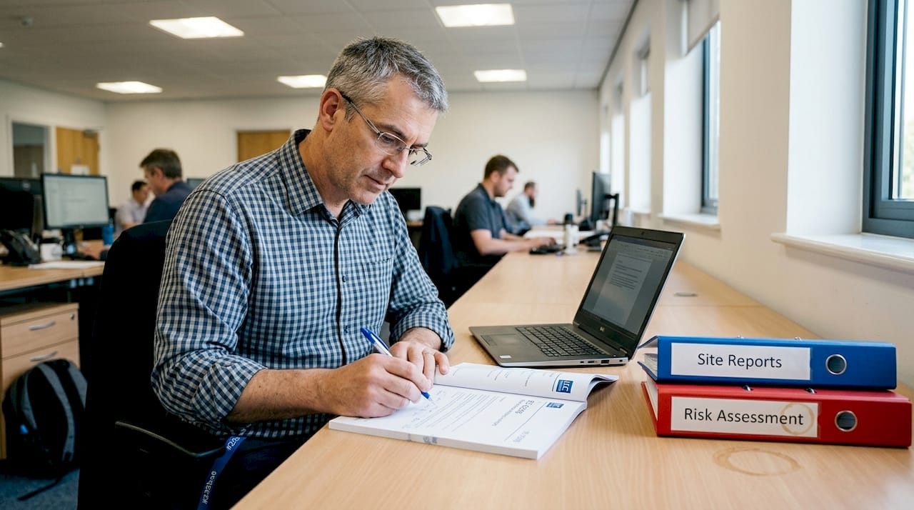 Engineer reviewing lightning standards at desk