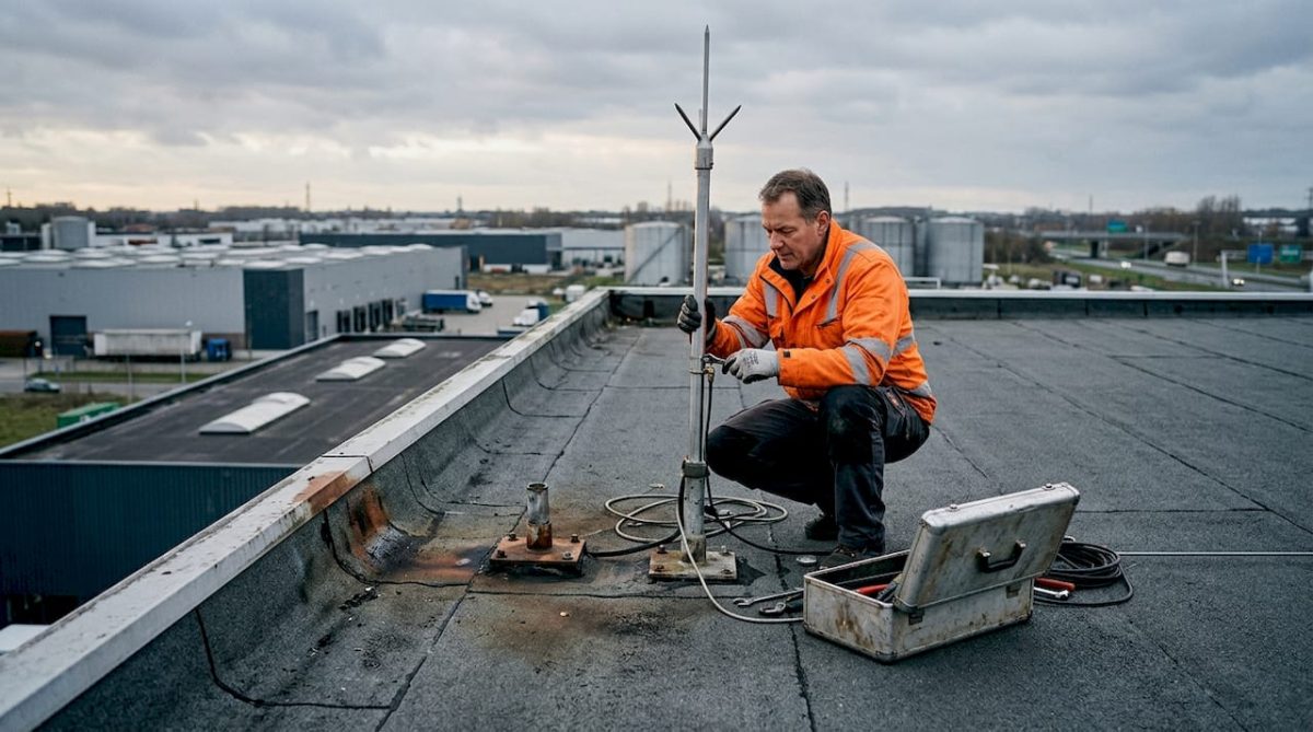 Un ingénieur procède à l’installation d’un paratonnerre sur le toit d’un bâtiment industriel.