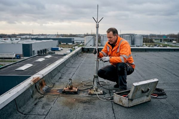 Un ingénieur procède à l’installation d’un paratonnerre sur le toit d’un bâtiment industriel.
