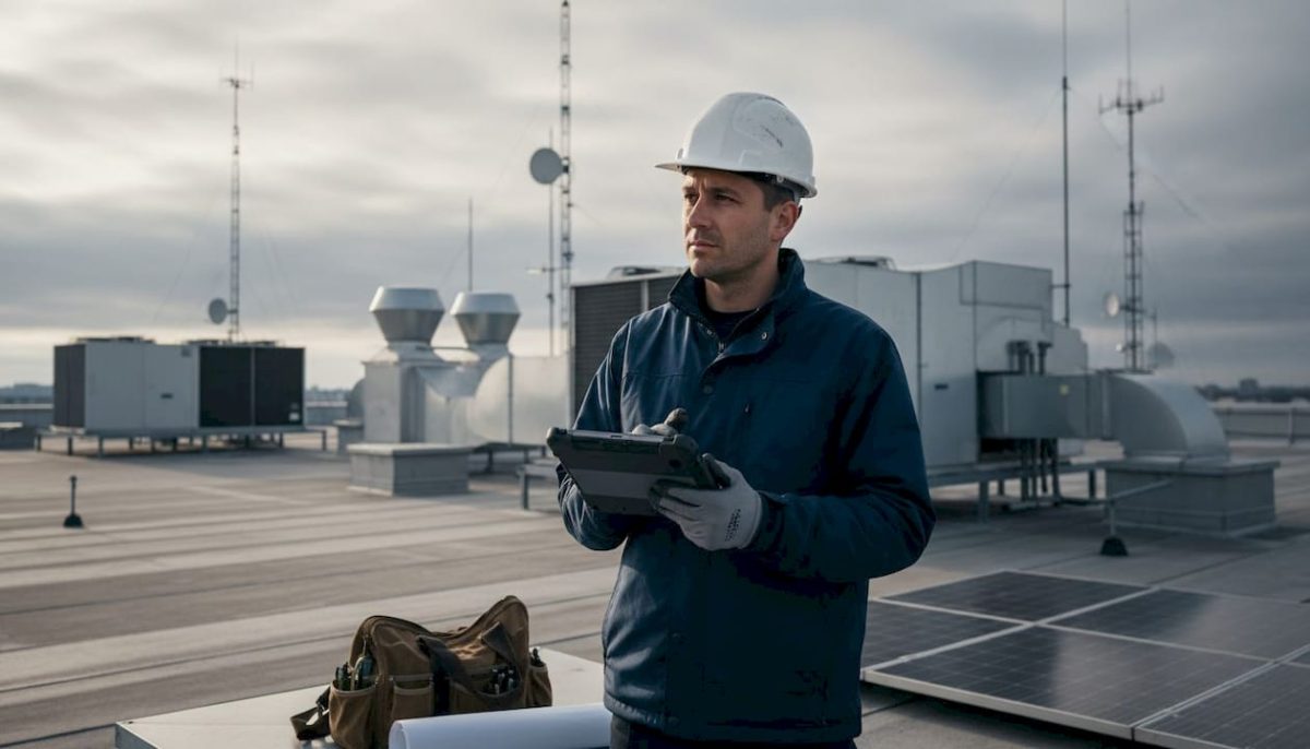 Un technicien procède à l’examen d’une toiture industrielle avant le début des travaux d’installation.