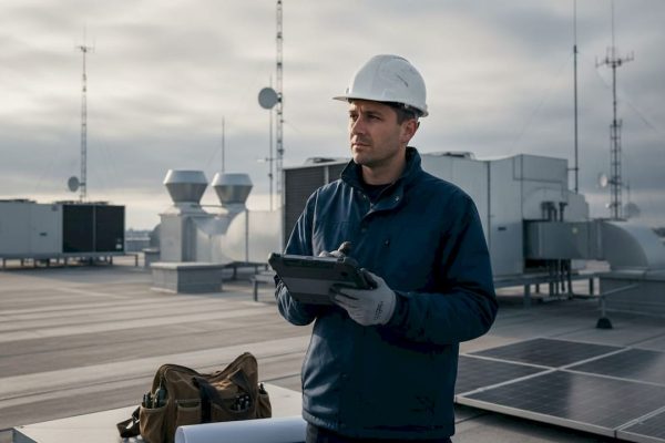 Un technicien procède à l’examen d’une toiture industrielle avant le début des travaux d’installation.