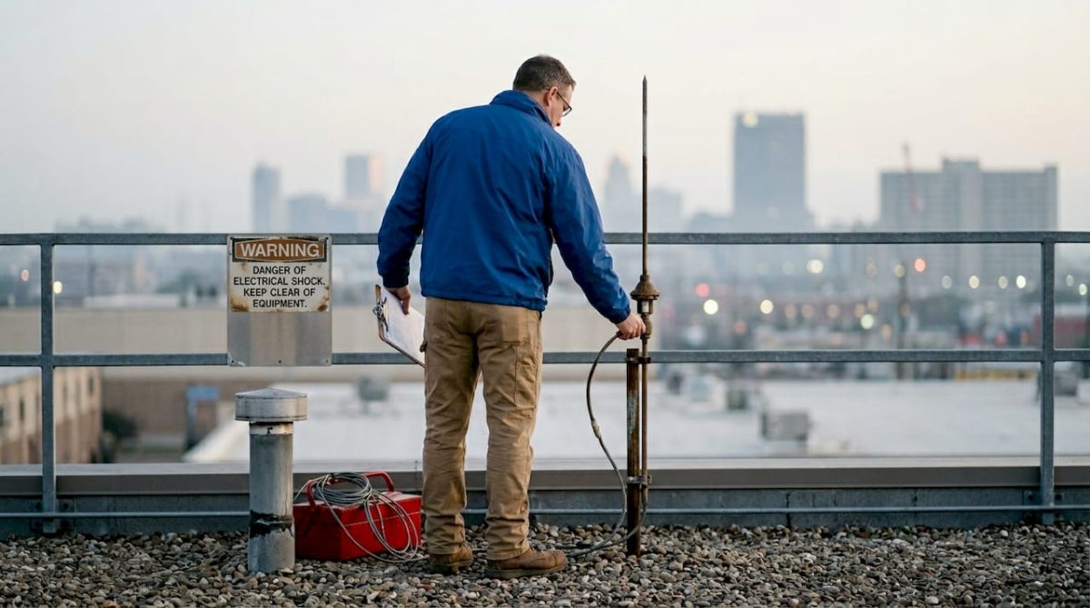 Facility manager inspecting rooftop lightning rod