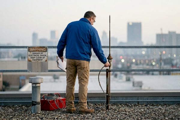 Facility manager inspecting rooftop lightning rod
