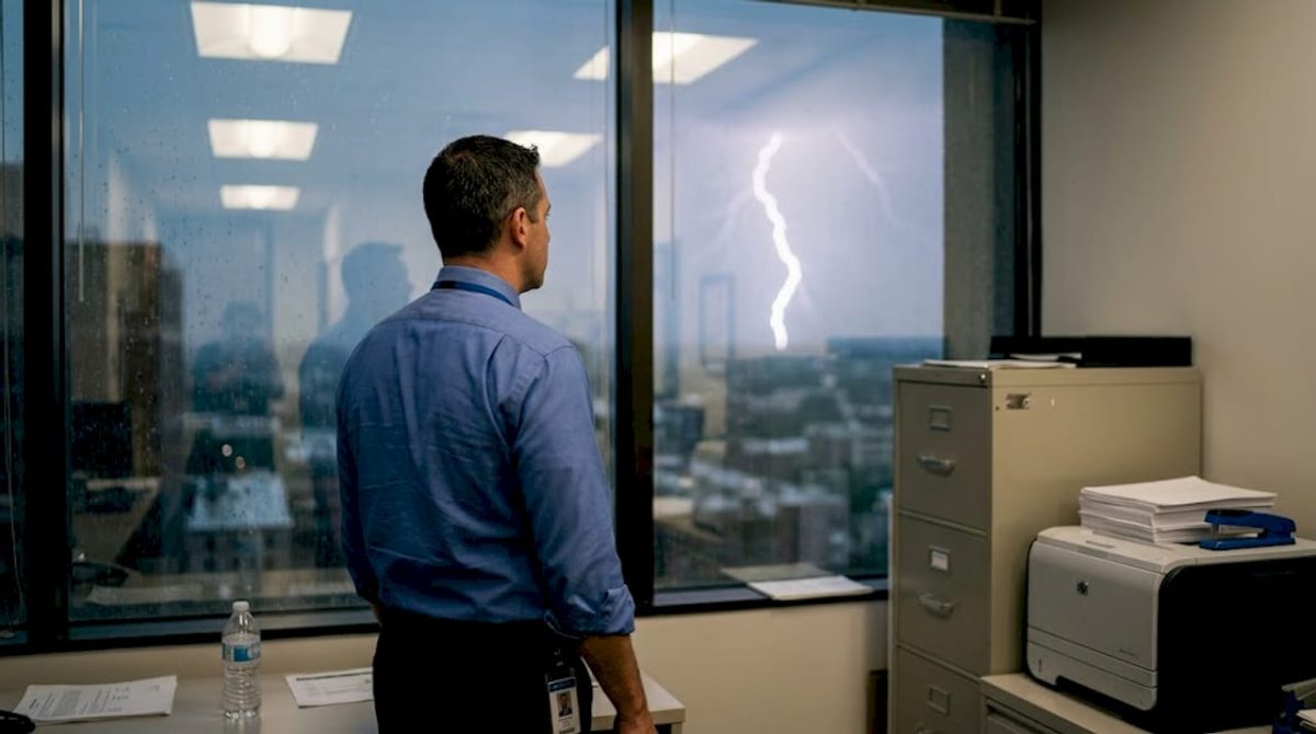 Building manager in office during lightning storm