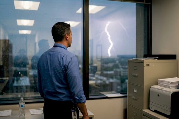 Building manager in office during lightning storm