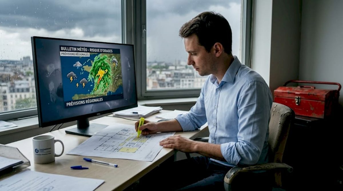 Un ingénieur spécialisé en prévention des risques liés à la foudre effectue des analyses au sein d’un bureau d’études industriel.