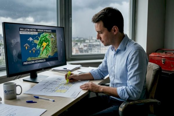Un ingénieur spécialisé en prévention des risques liés à la foudre effectue des analyses au sein d’un bureau d’études industriel.
